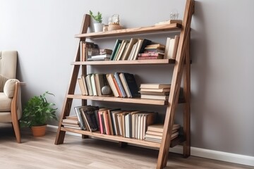 Stylish wooden bookshelf in the apartment. Generative AI