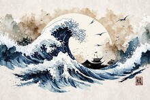 A Painting Of A Wave With A Boat In It, Created With Generative Ai Technology