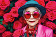 © Trinette Reed - Portrait of stylish senior Asian woman with rose colored glasses. Generative AI.