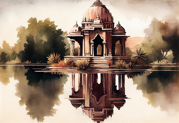 A serene lake with a reflection of a Hindu temple, capturing the sense of divine presence in stillness, watercolor style Generative AI