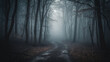 Fog In Spooky Forest At Moon Light On Asphalt - Abstract Bokeh, generative ai