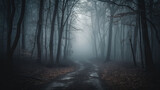 Fototapeta Las - Fog In Spooky Forest At Moon Light On Asphalt - Abstract Bokeh, generative ai