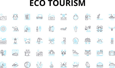  Eco tourism linear icons set. Sustainable, Wildlife, Adventure, Green, Preserve, Conservation, Nature vector symbols and line concept signs. Ecological,Responsible,Biodiversity Generative AI