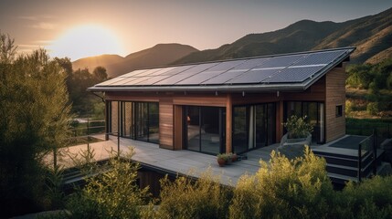 Sticker - Residential rooftop solar panel system set against the stunning backdrop of a mountainous countryside vista. Generative AI