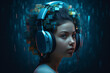 futuristic scene of a young girl listening music ,neural threads, blue light composition, generative ai illustration