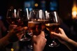 © Rawf8 - Wineglasses in hands close up, people at party drinking and toasting, blur bar interior. Generative AI