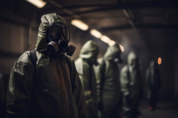 Canvas Print - A group of people wearing gas masks in a room. AI generative image