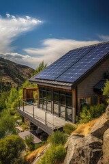 Sticker - Residential rooftop solar panel system set against the stunning backdrop of a mountainous countryside vista. Generative AI