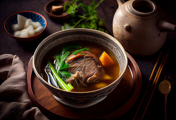 Photograph a Pork leg soup with bamboo shoots in t , generative ai