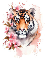 Tiger watercolor painting, asian design, cherry blossom, butterfly, digital prints, wildlife, animals. Generative AI