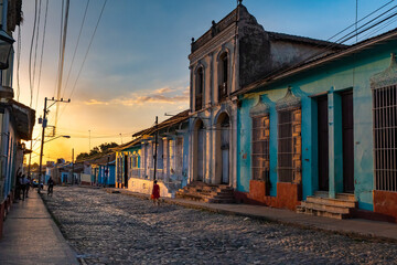 Sunset in the old streets of Trinidad in Cuba