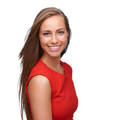 Sticker - Face portrait, beauty and woman with happy smile and attitude isolated on a transparent PNG background. Beautiful and young female model smiling with positive mindset, haircare and red fashion