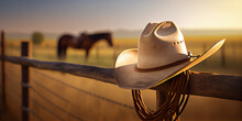 A Cowboy Hat And Lasso Hang From The Ranch's Wooden Fence. AI Generated.