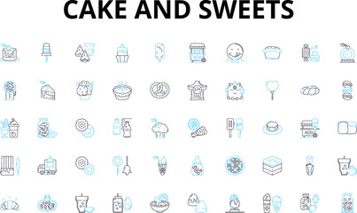 Cake and sweets linear icons set. Cupcakes, Chocolate, Vanilla, Frosting, Buttercream, Sprinkles, Fondant vector symbols and line concept signs. Bakery,Sugar,Icing illustration Generative AI