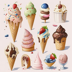 Wall Mural - Cone ice cream set isolated on pastel background. Generative AI