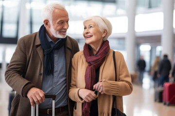 Elderly couple in airport terminal travelling together. Cheerful elderly man and woman waiting for an airplane flight. Happy old age. Created with Generative AI