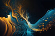 Abstrakte Kunst, goldfarbene und blaue Farbtropfen in Wasser, erstellt mit KI