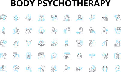  Body psychotherapy linear icons set. Embodiment, Movement, Sensation, Breathwork, Mindfulness, Bioenergetics, Interoception vector symbols and line concept signs. Generative AI