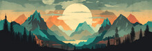 Illustration In Retro Style Of A Vintage Mountain Landscape With A Colorful Sunset And Silhouettes Of Trees And Hills.. Generative Ai.