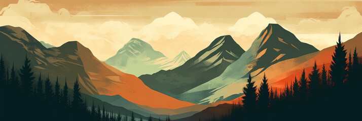 Illustration in retro style of a vintage mountain landscape with a colorful sunset and silhouettes of trees and hills.. Generative ai.