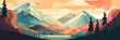 © makstorm - Illustration in retro style of a vintage mountain landscape with a colorful sunset and silhouettes of trees and hills.. Generative ai.