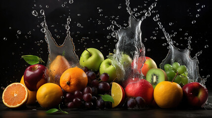 Wall Mural - Fruits on black background with water splash, generative ai