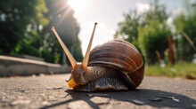 Summer Day , Big Snail In Shell Crawling On Road, Generative Ai