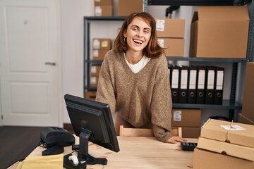 Sticker - Young caucasian woman ecommerce business worker standing at office