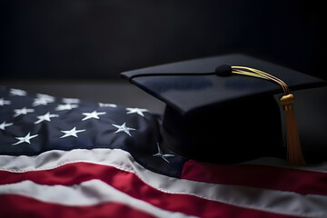 Wall Mural - Graduation cap on American flag, Generative AI