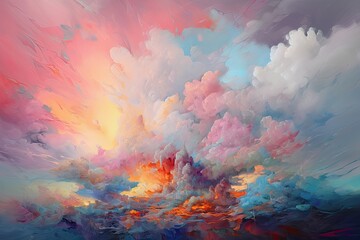 Pastel Paradise: Acrylic Painting of Delicate Clouds and Sky in Sunset Fantasy Colours. Generative AI