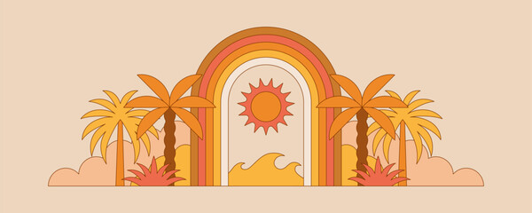 Wall Mural - Vector simple flat illustration, summer vacation, tropical hotel,  geometric summer pattern and banner, sun travel, landscape with island scenery with houses and palm trees