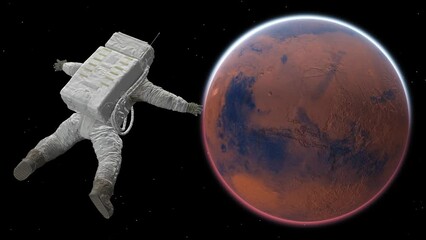 Wall Mural - astronaut flies in space around the mars. spacewalk. seamless loop.