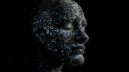 Abstract digital human face, face made of small cubes