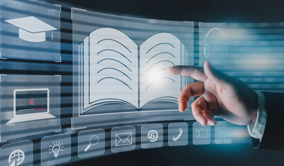 Fototapete - Concept of Online education. man use Online education training and e-learning webinar on internet for personal development and professional qualifications. Digital courses to develop new skills.