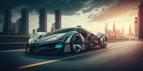 Wall Mural - Futuristic electric car, super car driving on city highway road with motion blur. distinct generative AI image.