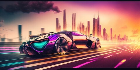 Poster - Elegant luxury super sports car future design driving on modern city highway