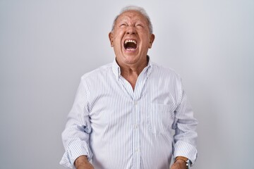 Canvas Print - Senior man with grey hair standing over isolated background angry and mad screaming frustrated and furious, shouting with anger. rage and aggressive concept.