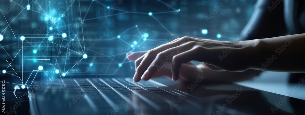 Data scientist, Programmer using laptop analyzing financial data on futuristic virtual interface. Algorithm. Global business development, strategy and planning, digital technology. Generative AI