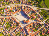 Fototapeta Miasto - Aerial view of city centre. Old town from top down view. Background concept. Dobrany, Czech republic, European union.