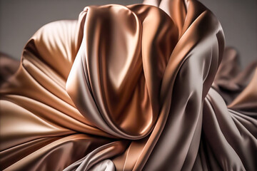 Abstract Gold Beige silk background. Luxury cloth or wave liquid. Abstract pleated texture cloth soft wave, creases of satin, silk, and smooth elegant cotton. Shiny satin. Made with Generative AI