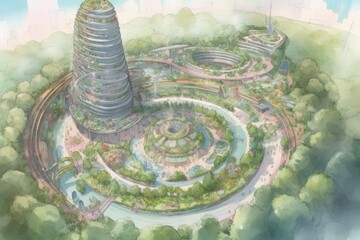Poster - futuristic city nestled within a lush forest. Generative AI
