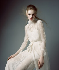 Young beautiful blonde woman in white lace dress.