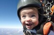 Baby skydiver. During the parachute jump, the joyful little child is filled with exhilaration and wonder as they take in the breathtaking views from above. Generative AI.