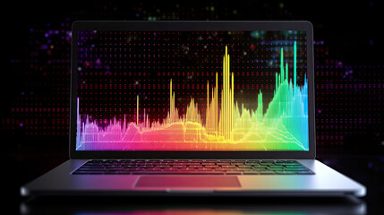 Wall Mural - laptop on a black background with rainbow market financial data chart - by generative ai