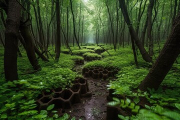 Wall Mural - The hidden hexagon tunnel of the mysterious forest. distinct generative AI image.