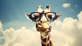 Fototapeta Natura - Funny giraffe with sunglasses coming out of the clouds, Generative Ai