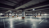 Fototapeta  - Empty shopping mall underground parking lot or garage interior with concrete stripe painted columns, generative ai