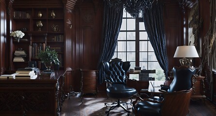 Photo of a luxurious study room with a vintage chandelier, comfortable chair, and elegant wooden desk