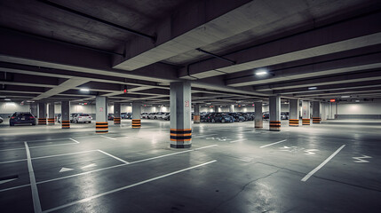 Empty shopping mall underground parking lot or garage interior with concrete stripe painted columns