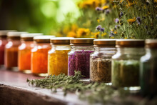 A Row Of Jars Filled With Different Herbs And Spices On A Wooden Table, With Blurry Green Leaves In The Background. Generative Ai
